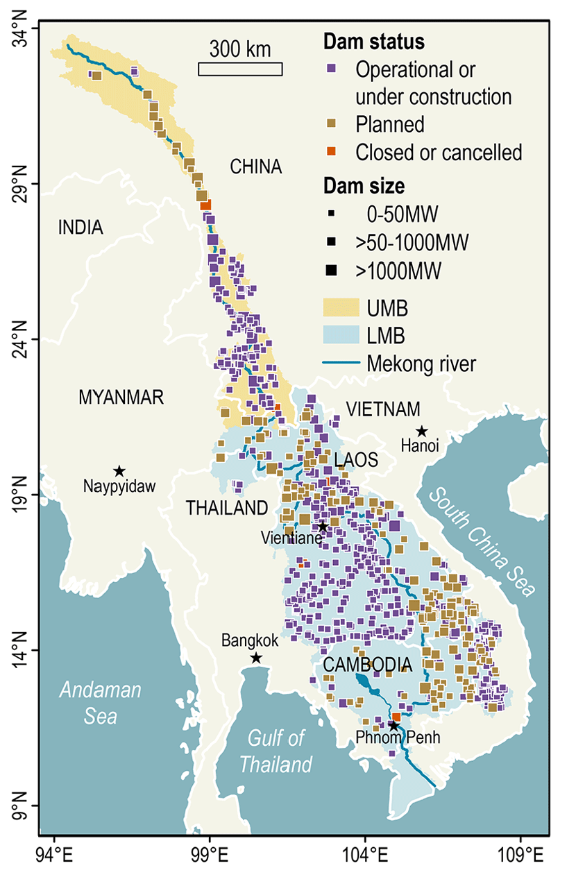 a map showing dam locations throughout the Mekong River basin