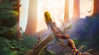 Illustration of a forest scene from 99 million years ago where an adult worker ant carries a fungus-infected ant pupa, while a fly with fungi bursting out of its back climbs up a tree.