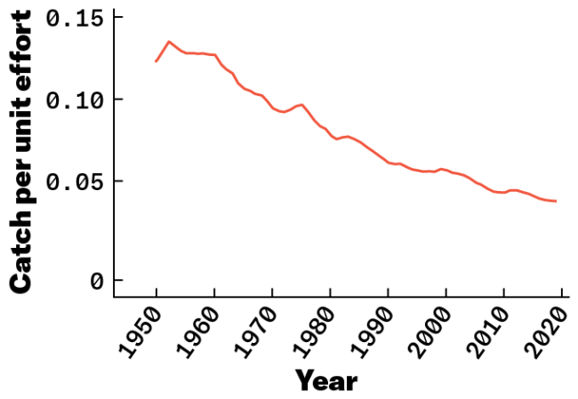 A line graph shows a decline in "catch per unit effort" from 1950 to 2019