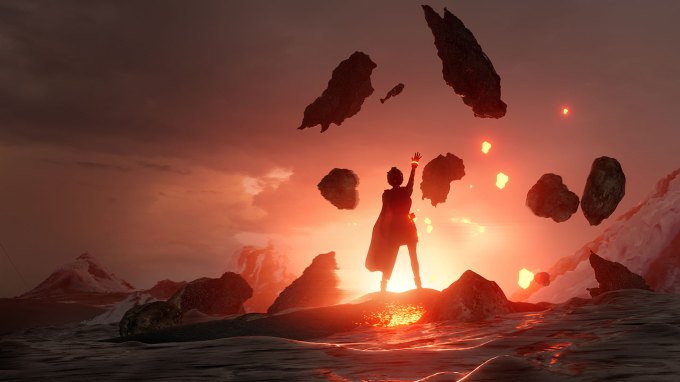 A caped villain raises boulders and magma using the power of a glowing bracelet