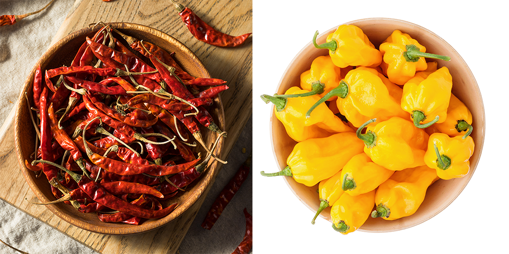 a photo of dried Arbol peppers in a bowl, and a bowl of Fatalii peppers on the right. The Arbol peppers are thin and very red. The Fatalii peppers are yellow. Both bowls are seen from above.