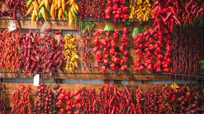 an array of different types of chili peppers hung up to dry on strings