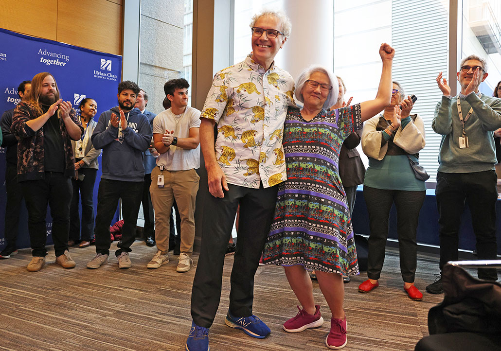 a photo of Victor Ambros and Rosalind Lee celebrating Ambros's Nobel Prize