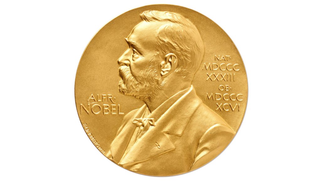 a photo of the front of the Nobel Prize medal against a white background