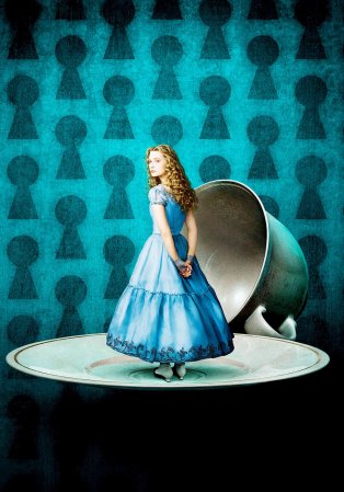 A girl with blonde hair and fair skin stands on a white saucer, after shrinking in size. Behind her is a tipped tea cup and a blue backdrop with repeating key holes.