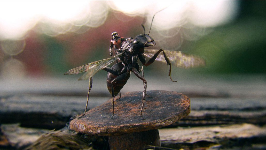 A tiny Ant-Man rides a black carpenter ant with wings.