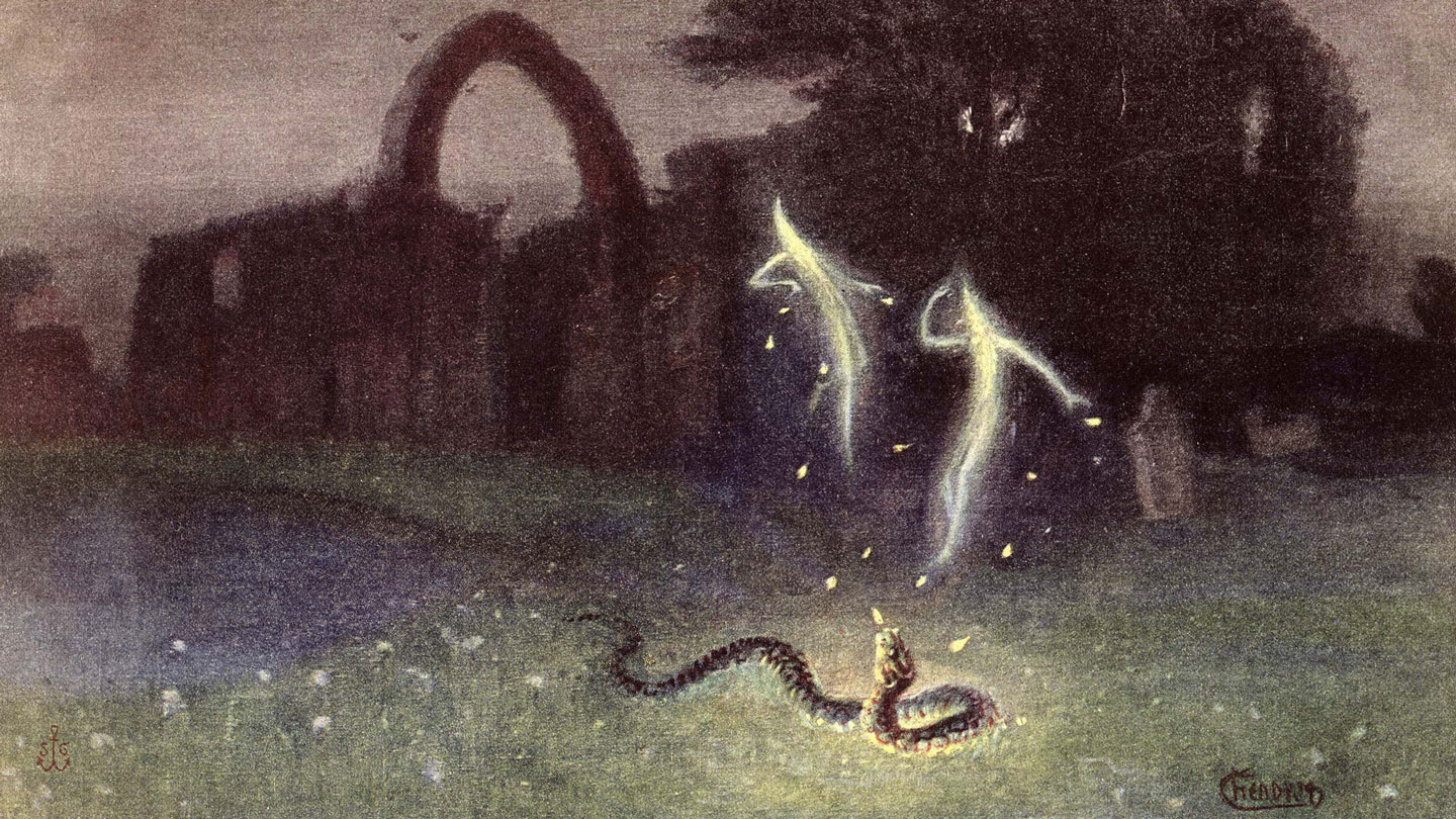 a painting of a dark landscape in front of a ruined building, two vaguely sprite shaped light forms float above a hissing snake