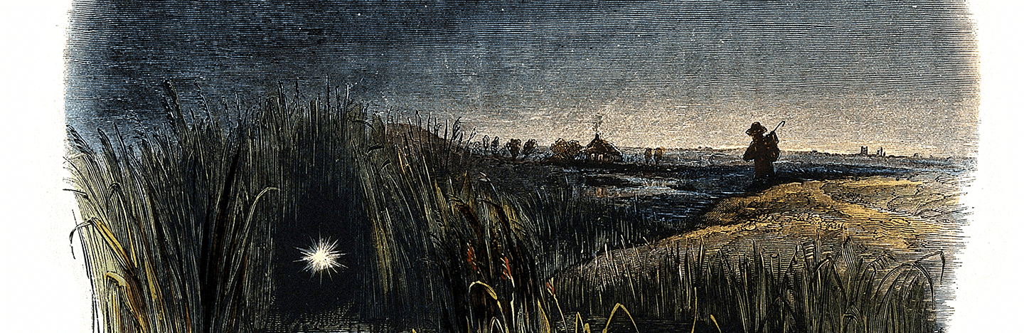 a colored wood etching showing a ghostly light, or will-o'-the-wisp, floating at the edge of a marsh as a person walks along the marsh