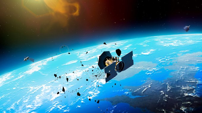 an illustration of a satellite in orbit over earth with debris coming off of it and floating above Earth