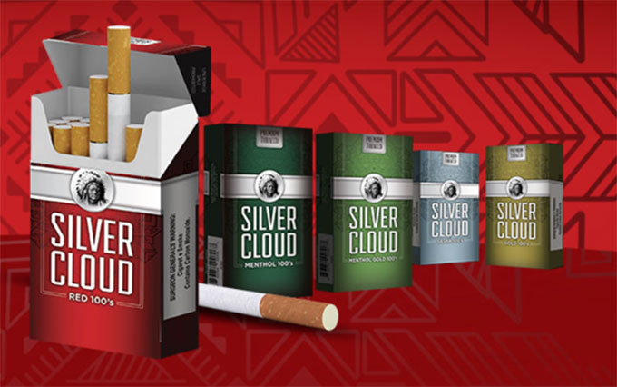 a series of 'Silver Cloud' branded igarette boxes against a red background