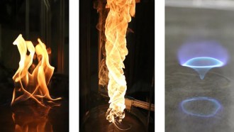 When floating fuel ignites, a pool fire forms (left). Sometimes, a pool fire rises into a tall yellow column called a fire whirl (center). And sometimes, that fire whirl stabilizes into a smaller — but much hotter—blue whirl (right).