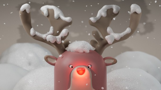 illustration of Rudolph covered with snow and with his nose lit up