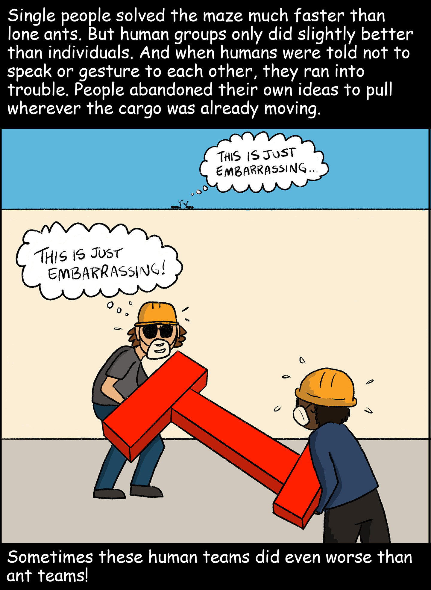 Panel 8: Text (above image): Single people solved the maze much faster than lone ants. But human groups only did slightly better than individuals. And when humans were told not to speak or gesture to each other, they ran into trouble. People abandoned their own ideas to pull wherever the cargo was already moving. Image: Two people wearing sunglasses and masks try to maneuver their T-shaped object through a maze. A pair of ants watches. One of the ants is thinking, “This is just embarrassing…” One of the humans is also thinking, “This is just embarrassing!” Text (below image): Sometimes these human teams did even worse than ant teams! 