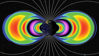 a set of crescent-shaped rings of different colors encircle earth