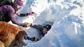 a woman and a dog help pull a person out from beneath a pile of snow during an avalanche safety training exercise