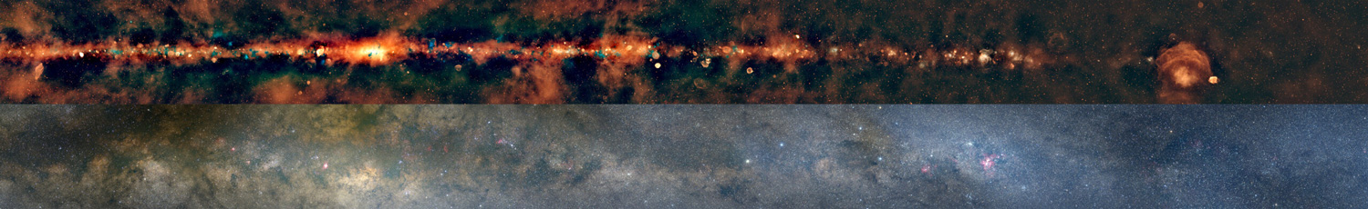 a top panel shows the Milky Way as a line of warm-colored light punctuated by brighter bursts and faint blue bubbles. a lower panel shows pale light clouds and small colorful burst against a dark sky