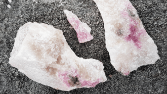 three chunks of milky white rock with tinges of pink are displayed on asphalt