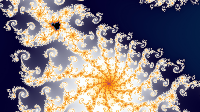 a white and yellow spiraling fractal pattern on a dark blue background