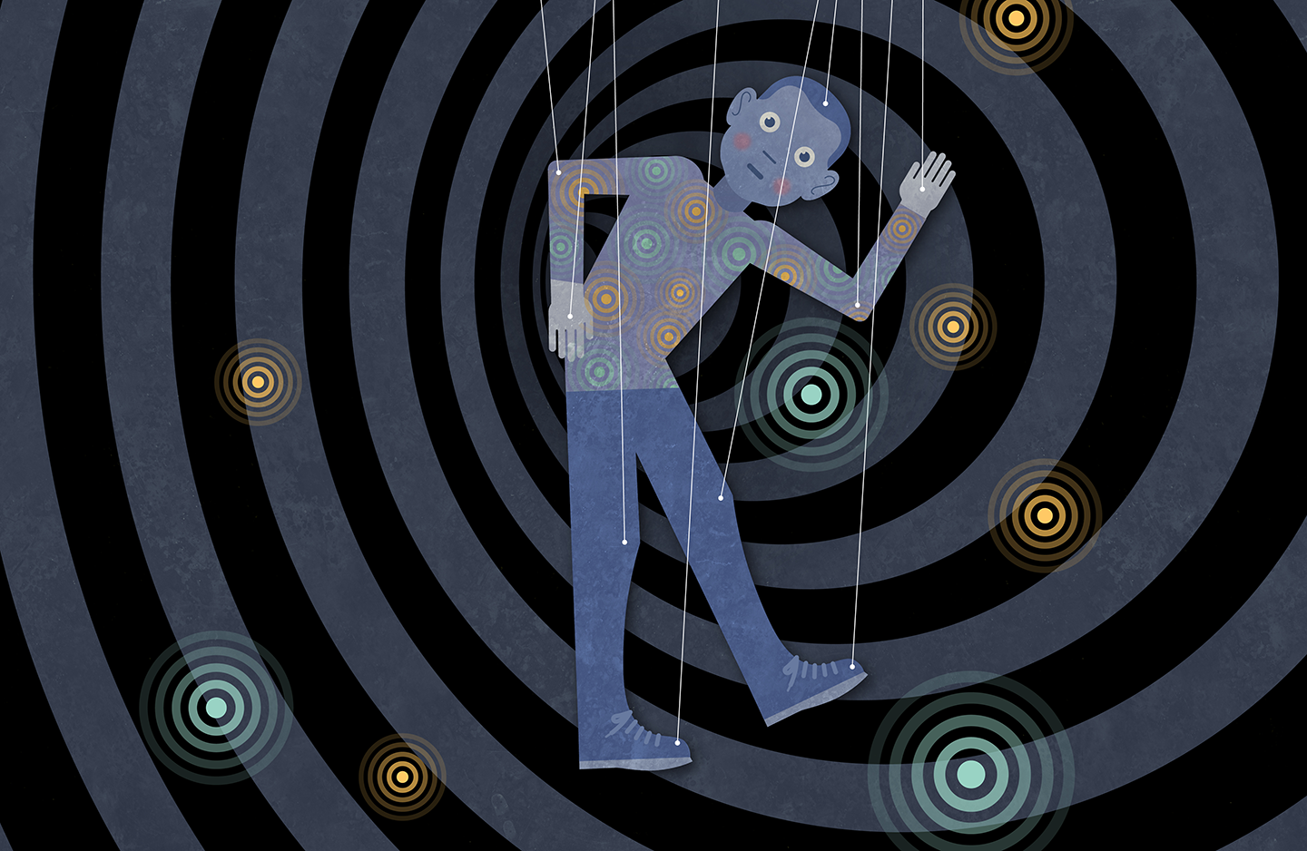 an illustration shows a mesmerized man with puppet strings attached to various parts of his body, holding him up and controlling his motions