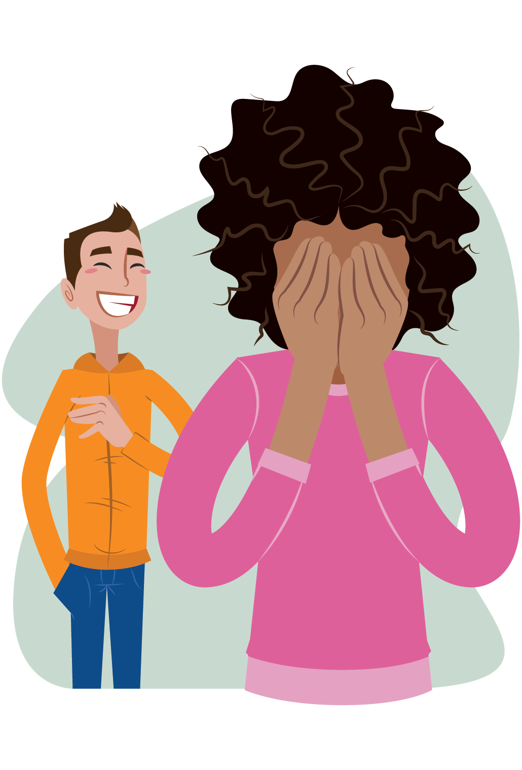 an illustration showing one person covering their face and a person standing behind them laughing fjmoura/DigitalVision Vectors/Getty Images Plus