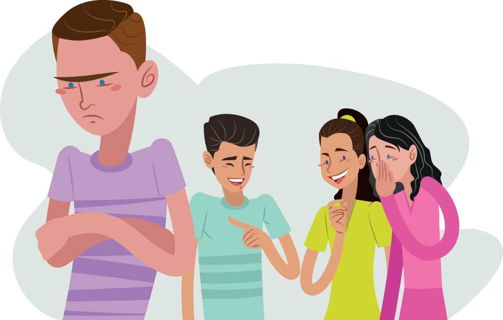 an illustration of a group of kids standing behind another kid. The kid in front looks 