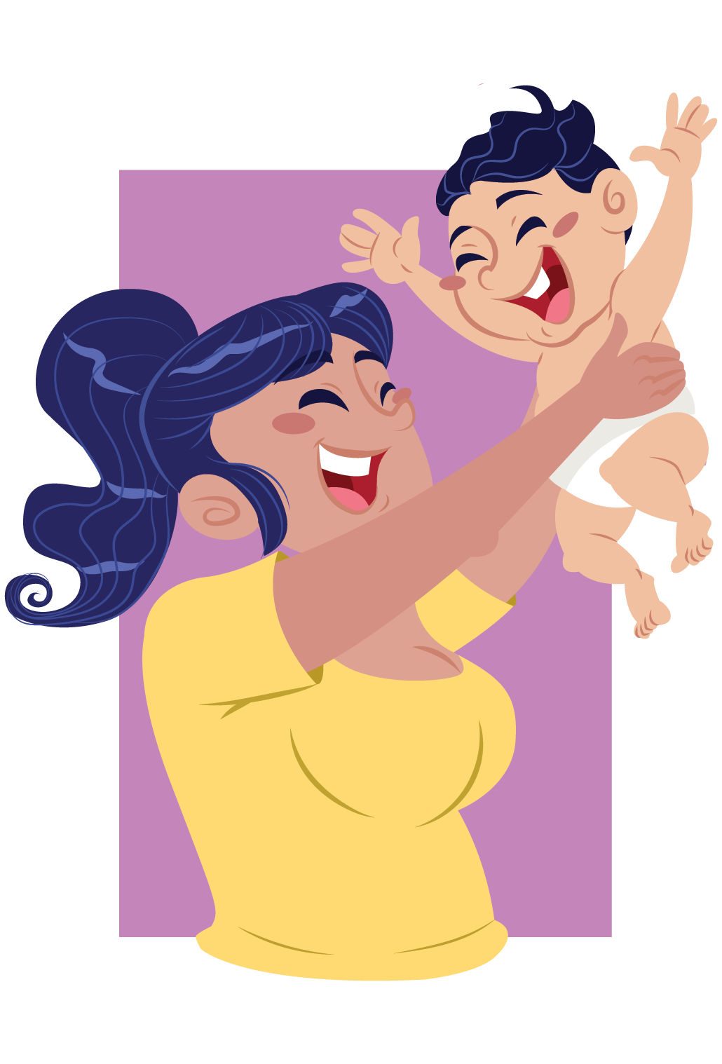 an illustration of happy mom holding a happy baby up in the air