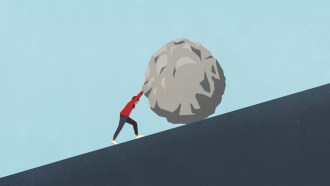 An illustration of a person pushing a round boulder up a steep incline