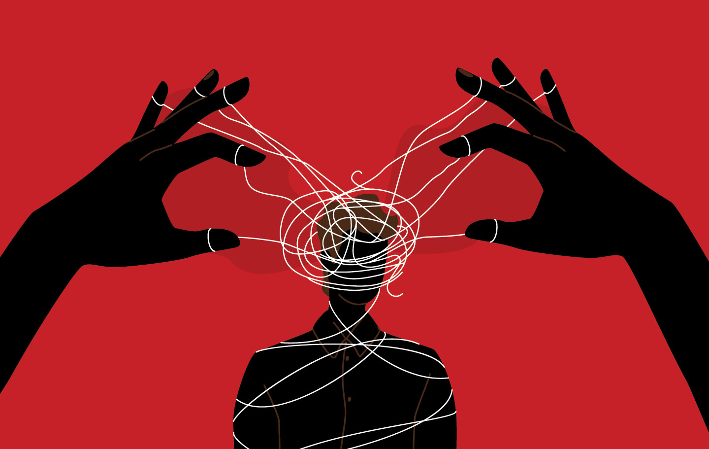 an illustration shows a pair of hands with puppet strings attached to their fingers reaching out toward a person and tangling the puppet strings around them