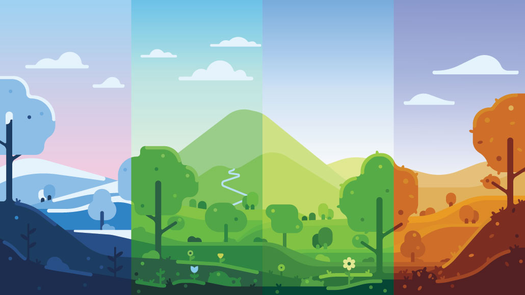 illustrated graphic with four panels representing a landscape in four seasons: winter, spring, summer and autumn