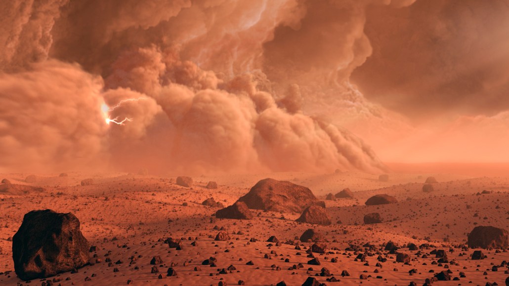 A dust storm front rolls toward the right across an illustrated reddish, rocky Mars landscape. An electrical arc is shown in the dust front.