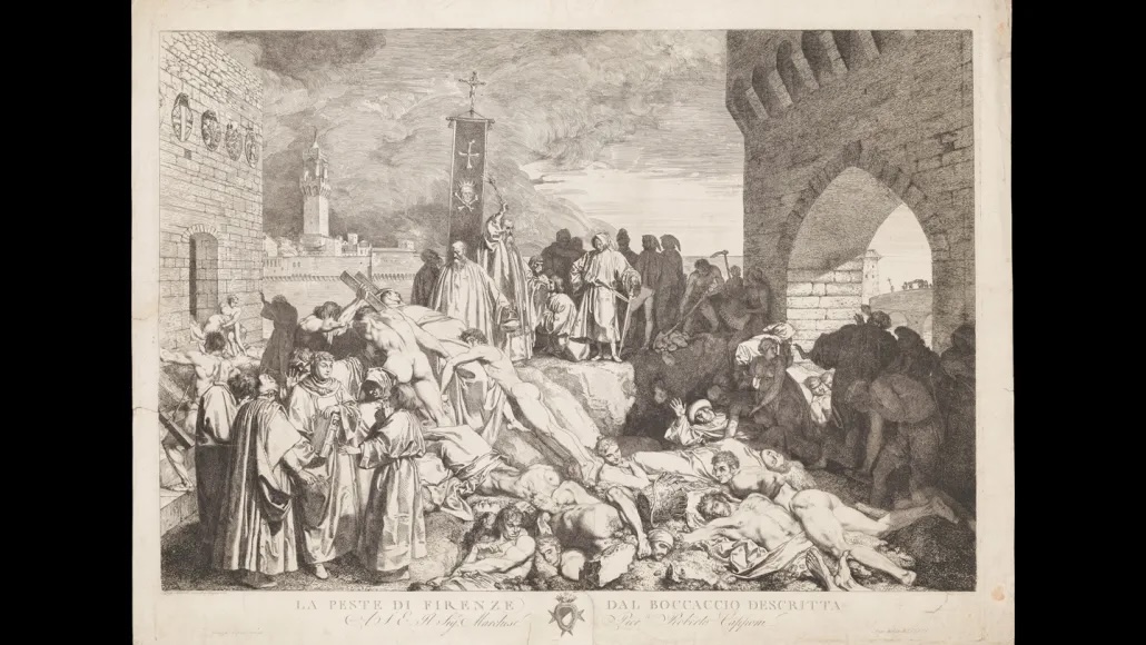 An engraving of a 14th century story The Decameron, shown here, depicts the devastation of the Black Plague in the Italian city-state of Florence in 1348.