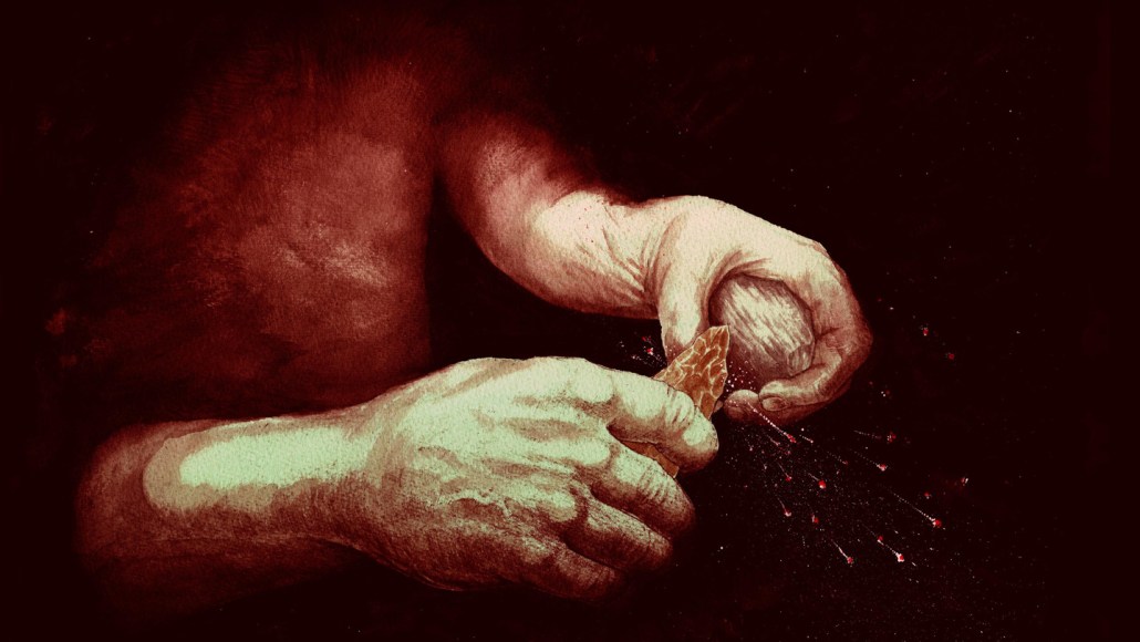 An illustration shows a pair of hands striking stone tools to make fire sparks that scatter into the dark background.