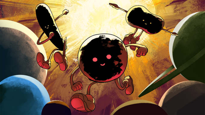 Three objects from the stars, illustrated with arms, legs and faces, seem to be heading towards the viewer. On the outer edge of the image are various planetary shapes.