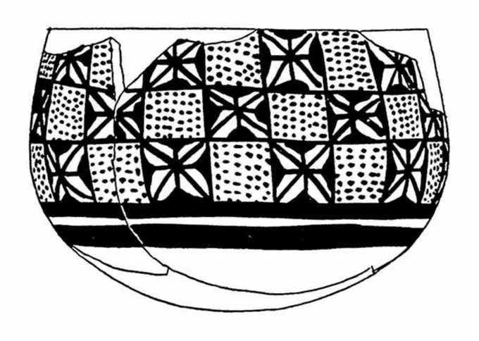 a black and white illustration of designs on a pottery bowl, with flowers and groups of dots in a checkerboard pattern
