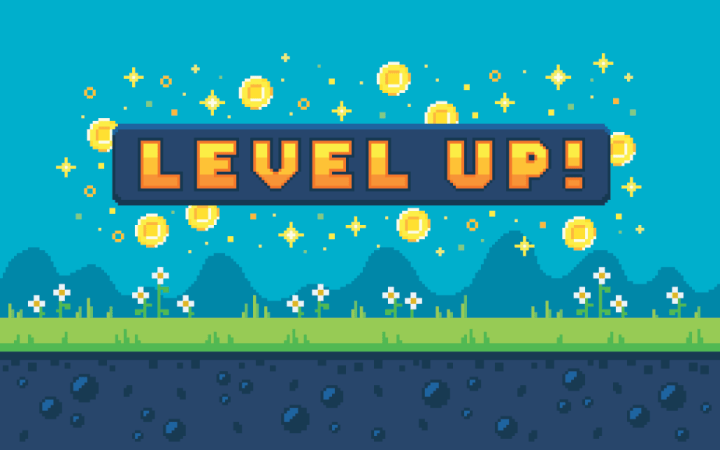 a cute pixelated screen that says 'level up!'