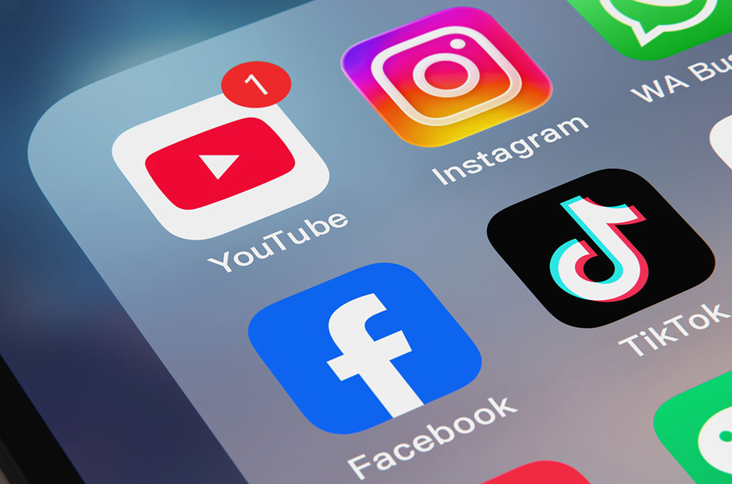 a screen cap of phone app icons for youtube, instagram, facebook, TikTok and more