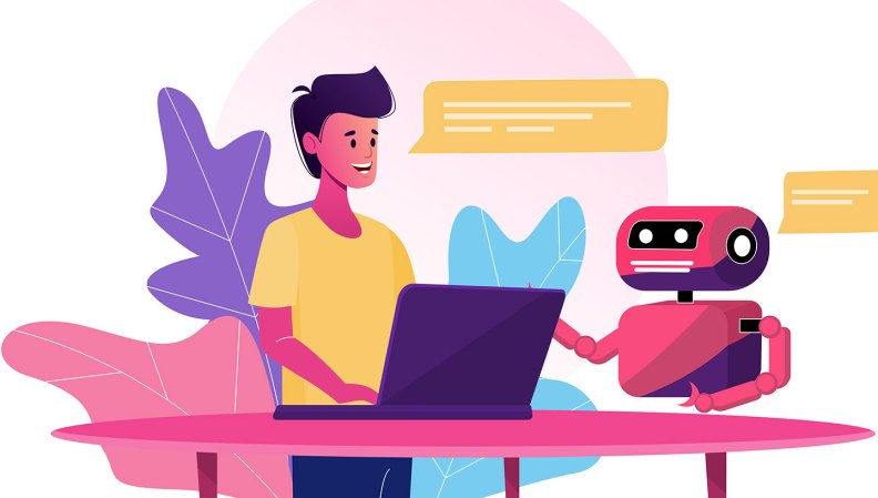 an illustration of a man standing at a computer and chatting with a robot standing next to him
