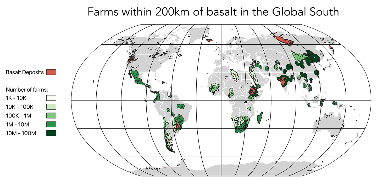 a global map showing farms that are within 200 km of basalt in the Global South