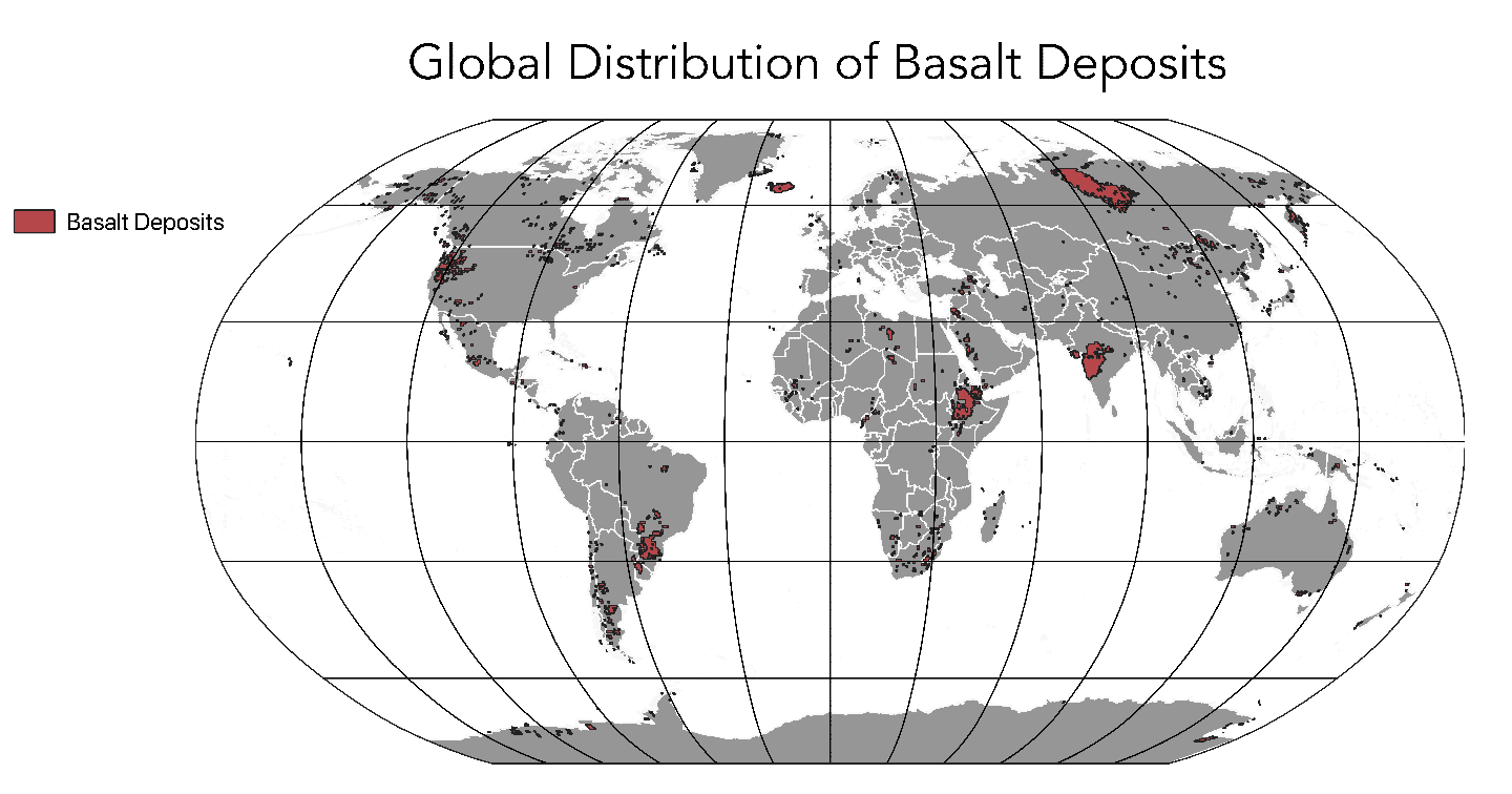 a global map showing the concentration of basalt deposits globally