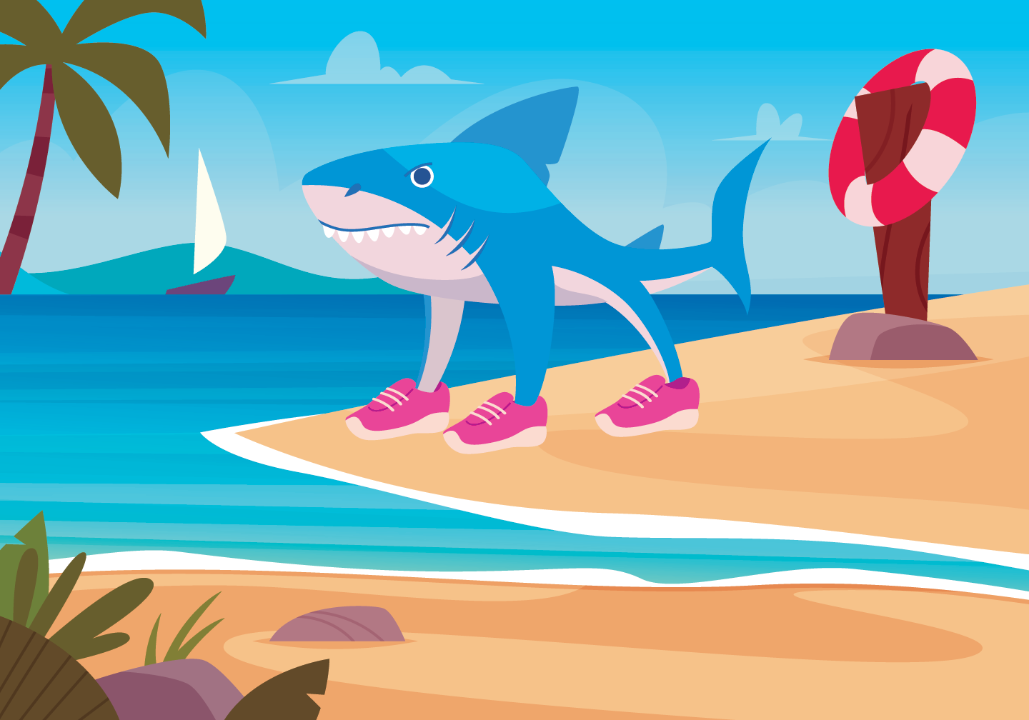 an illustration of the brain rot Tralalero Tralala, a blue shark wearing pink sneakers on its fins and standing on a beach