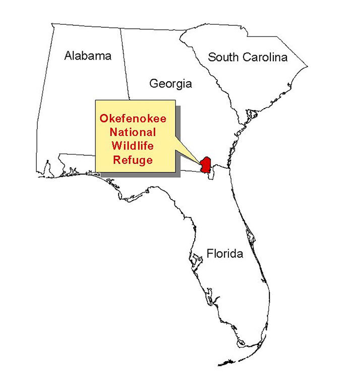 a map showing The location of the Okefenokee Wildlife Refuge