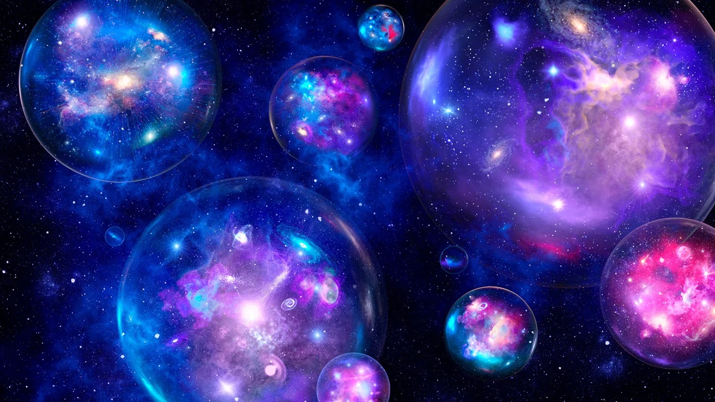 an illustration of multiple colorful bubbles, each containing galaxies