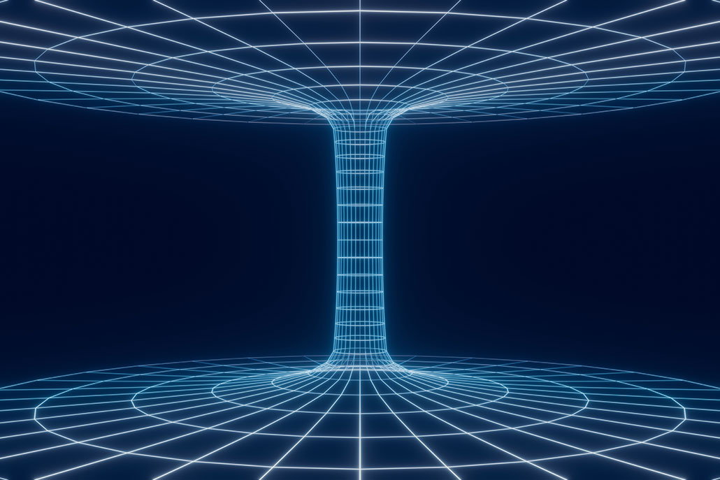 an illustration of two sets of concentric circles, each converging into narrow spaces connected vertically by a concept of a wormhole