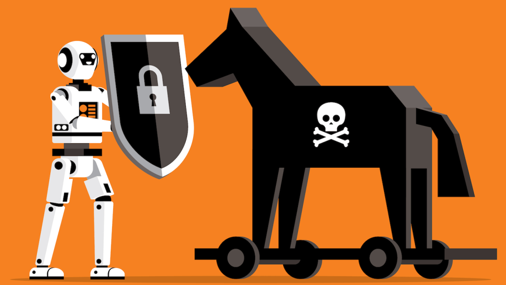 a robot raises a shield against a trojan horse with a poison symbol on its side