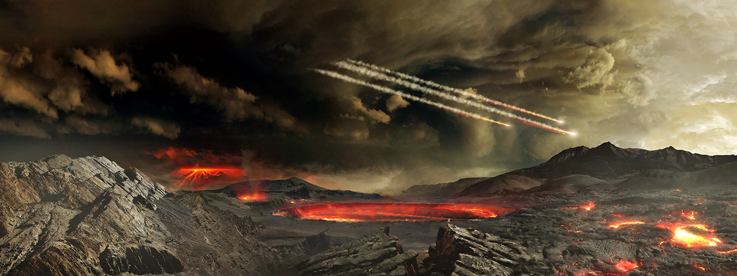 an illustration showing a magma covered planet surface, a sky heavy with smok and asteroids raining down onto the landscape