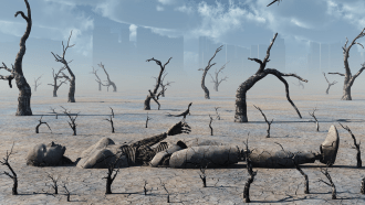 a metallic robot is half-buried in the ground in a desert landscape