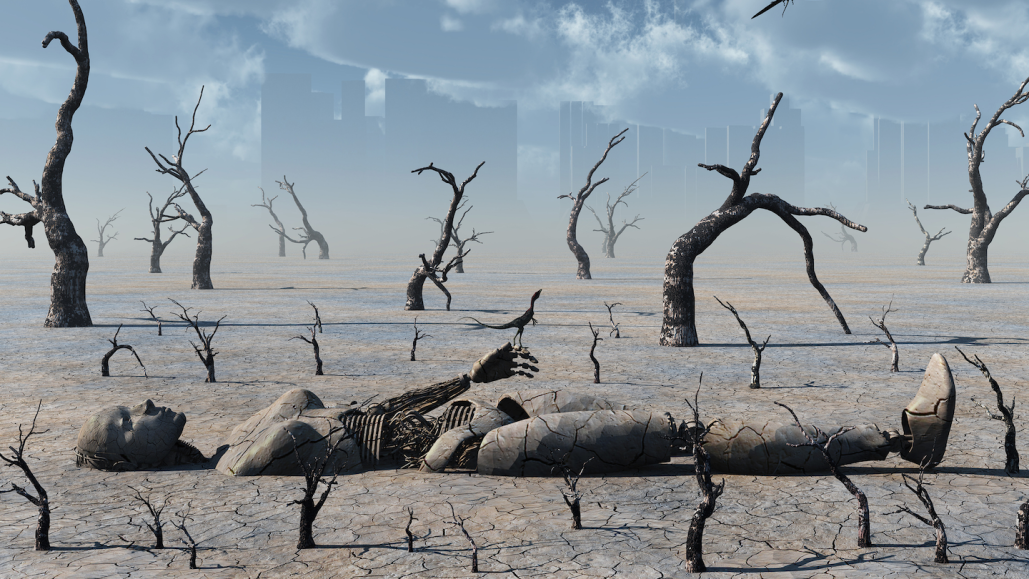 a metallic robot is half-buried in the ground in a desert landscape