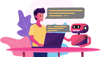 an illustration of a man standing at a computer and chatting with a robot standing next to him that is offering auto-complete for his thoughts