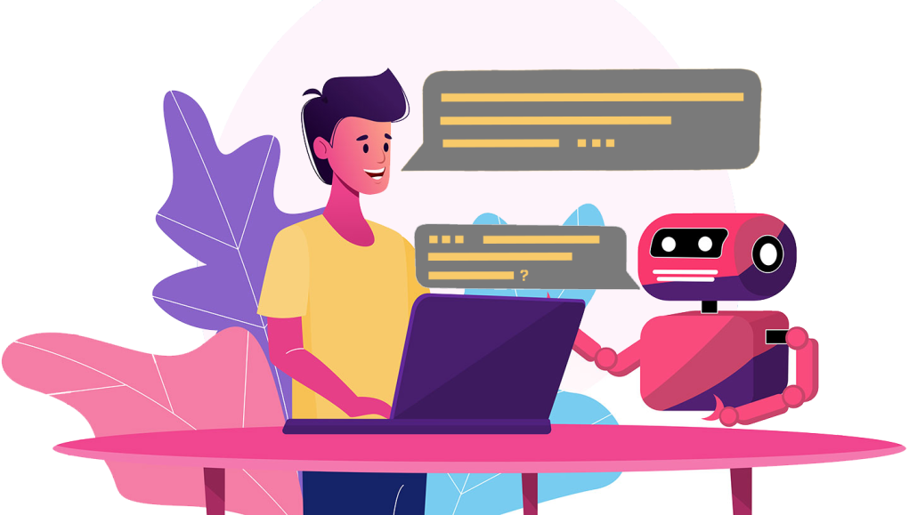 an illustration of a man standing at a computer and chatting with a robot standing next to him that is offering auto-complete for his thoughts