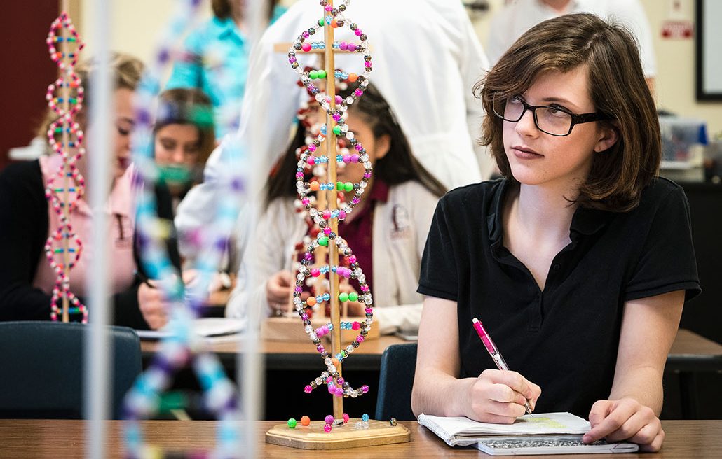 a girl in a science class sitting next to a DNA model listening to a lecture